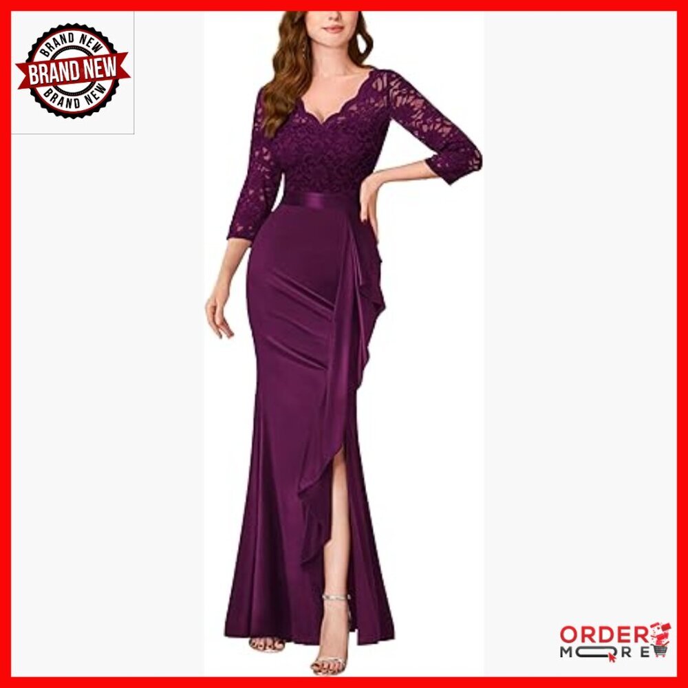 Vintage Floral Lace Ruffle Formal Long Dress Deep V-Neck High Slit